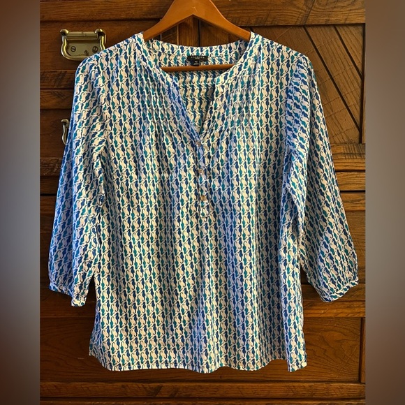 Talbots Blue Seahorse Pintuck Pop Over Tunic Blouse Size M - Picture 2 of 11